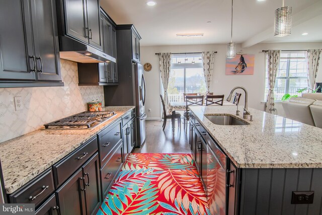 15 N Tompkins Sq, Downingtown, PA 19335 - kitchen with a sink, under cabinet range hood, wood finished floors, stainless steel appliances, and a kitchen island with sink