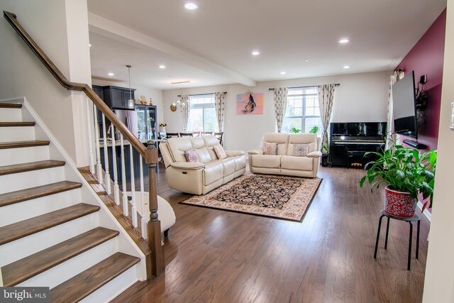 15 N Tompkins Sq, Downingtown, PA 19335 - living room with beamed ceiling, recessed lighting, stairs, and wood finished floors