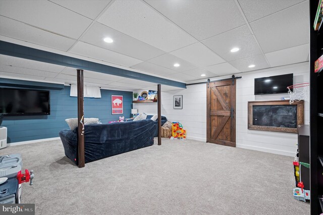 317 Montier Rd, Glenside, PA 19038 - game room with carpet, a barn door, a drop ceiling, and recessed lighting