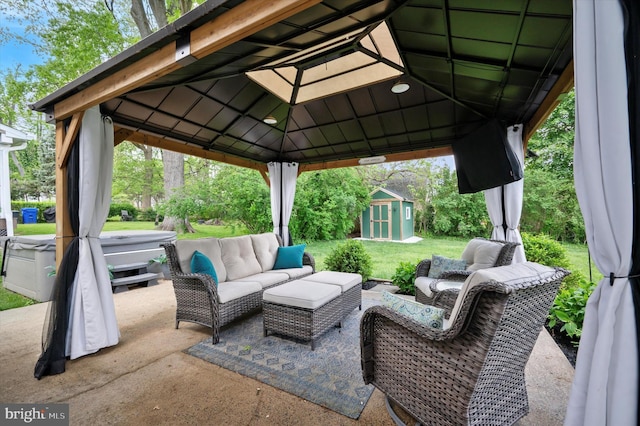 317 Montier Rd, Glenside, PA 19038 - view of patio / terrace with a hot tub, an outdoor hangout area, a shed, a gazebo, and an outdoor structure