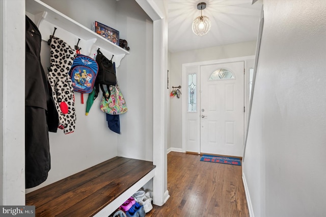317 Montier Rd, Glenside, PA 19038 - mudroom with wood finished floors, baseboards, and a chandelier