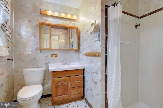 3360 Ben Oak Dr, Huntingtown, MD 20639 - bathroom with wallpapered walls, toilet, vanity, and a tile shower