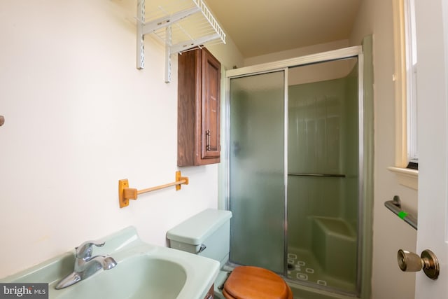 bathroom with a shower stall, toilet, and a sink