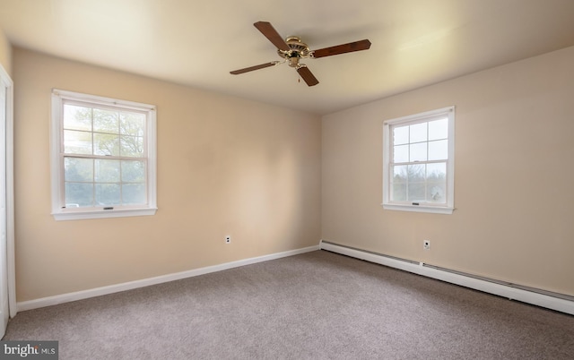 unfurnished room featuring a baseboard radiator, plenty of natural light, ceiling fan, and carpet