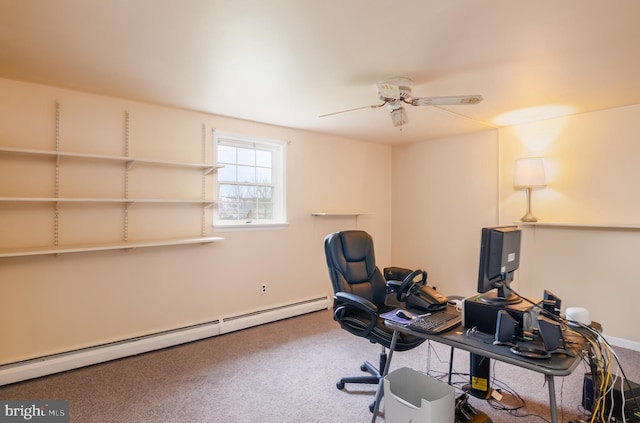 home office featuring carpet, baseboard heating, and ceiling fan