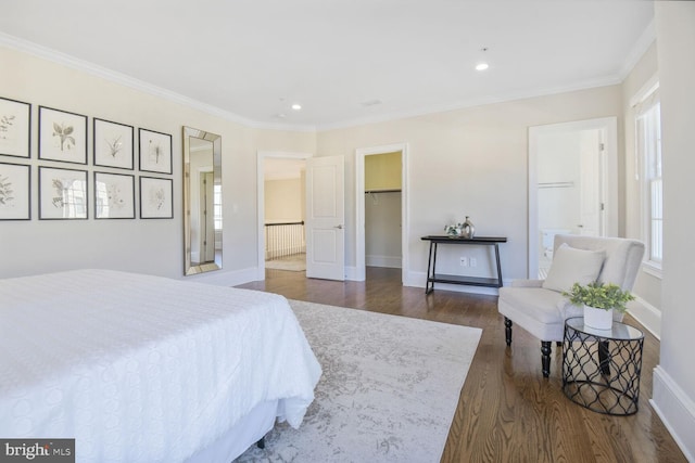 bedroom with baseboards, ornamental molding, a walk in closet, and dark wood-type flooring