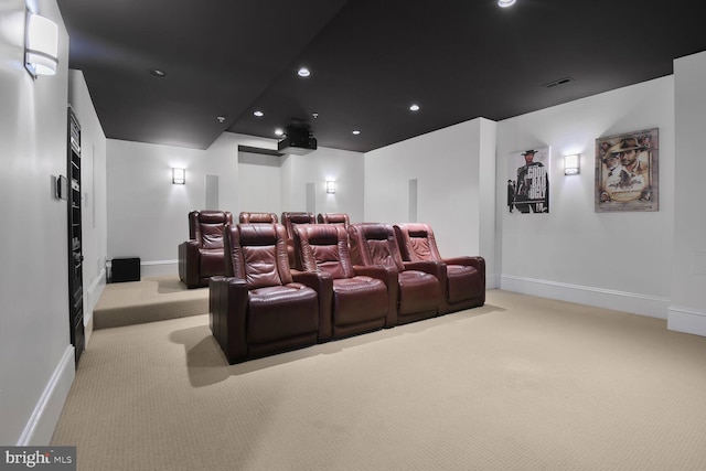 cinema featuring baseboards, visible vents, recessed lighting, and carpet flooring