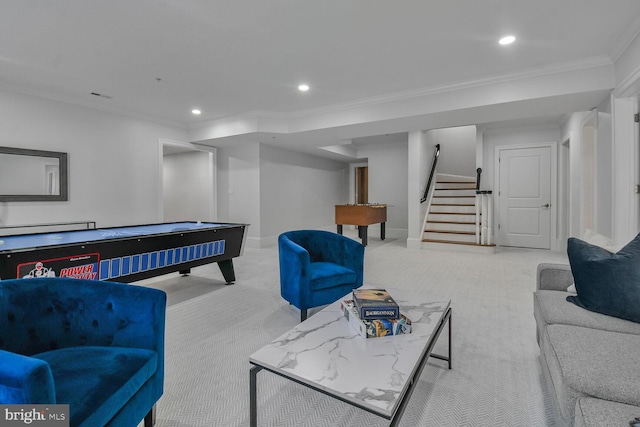 recreation room featuring crown molding, baseboards, recessed lighting, and carpet flooring