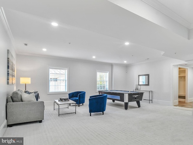 rec room featuring baseboards, carpet flooring, ornamental molding, and recessed lighting