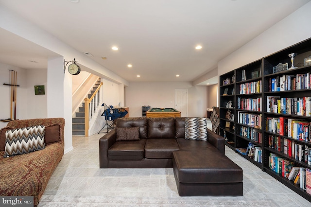 16647 Space More Cir, Woodbridge, VA 22191 - living area with billiards, stairway, and recessed lighting