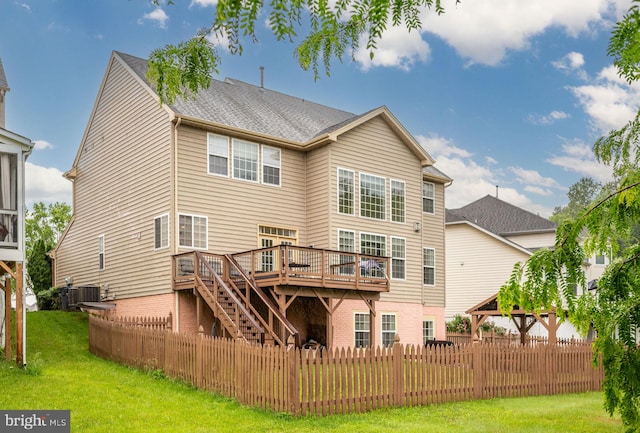 16647 Space More Cir, Woodbridge, VA 22191 - rear view of house featuring a deck, stairway, central AC unit, and a shingled roof