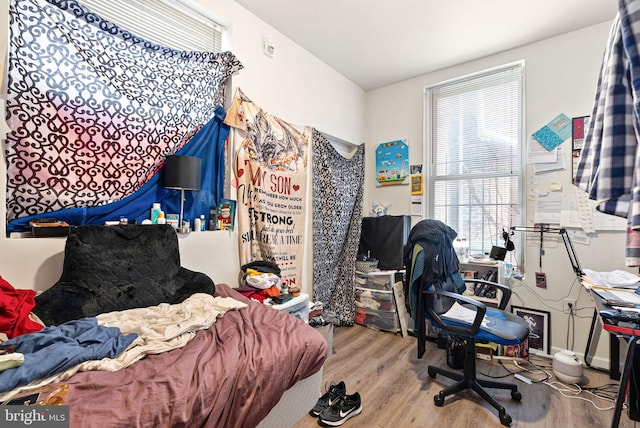 bedroom featuring wood finished floors and multiple windows