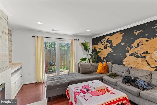 1854 Dutch Village Dr Unit R-270, Hyattsville, MD 20785 - living area featuring crown molding, recessed lighting, dark wood-type flooring, an accent wall, and visible vents
