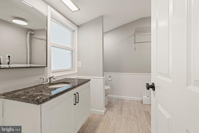 bathroom featuring vanity, wood finished floors, toilet, a wainscoted wall, and vaulted ceiling