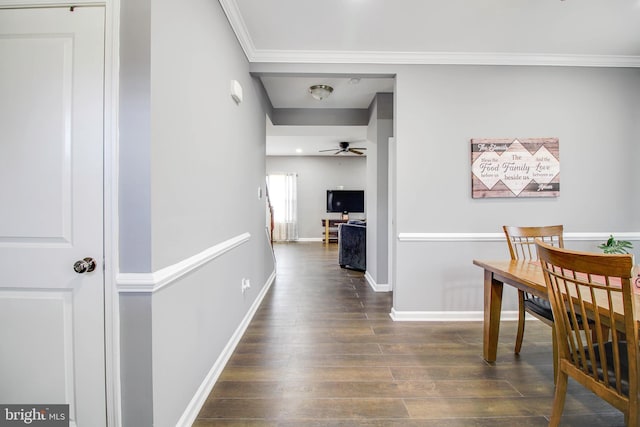 1634 Cape May Rd, Essex, MD 21221 - dining space featuring baseboards, dark wood-type flooring, ceiling fan, and crown molding
