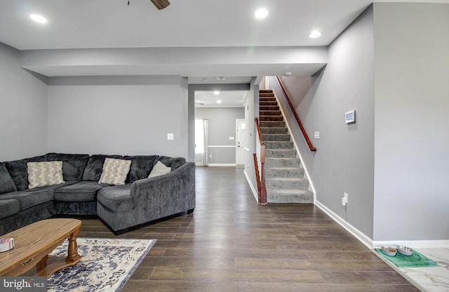 1634 Cape May Rd, Essex, MD 21221 - living room with recessed lighting, stairway, baseboards, and dark wood-type flooring