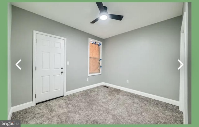 unfurnished bedroom with visible vents, baseboards, carpet, and a ceiling fan