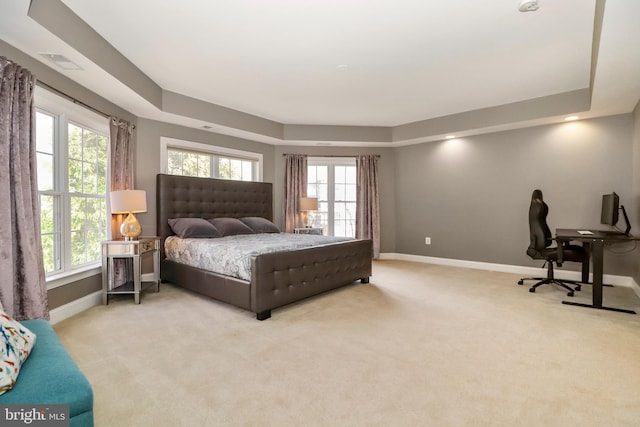 bedroom with carpet floors, a tray ceiling, baseboards, and visible vents
