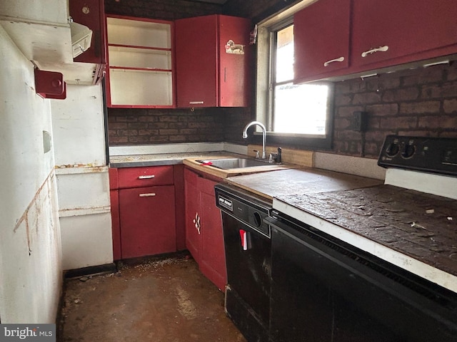 kitchen with red cabinets, stove, dishwasher, a sink, and light countertops