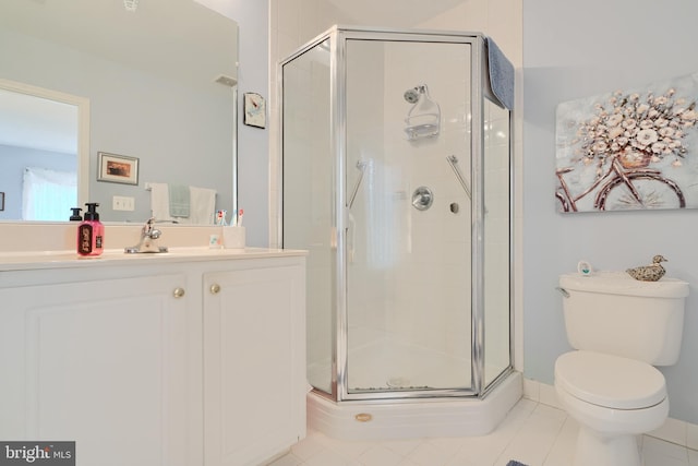 bathroom with a stall shower, toilet, tile patterned floors, and vanity