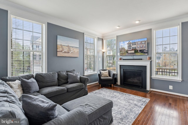 living room featuring plenty of natural light, baseboards, ornamental molding, and a glass covered fireplace