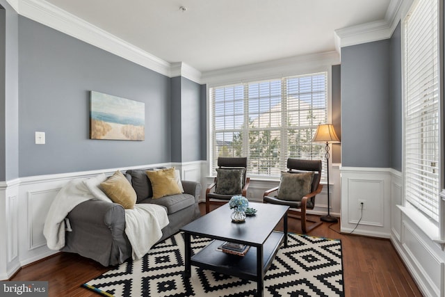 living room featuring crown molding, a wainscoted wall, and wood finished floors
