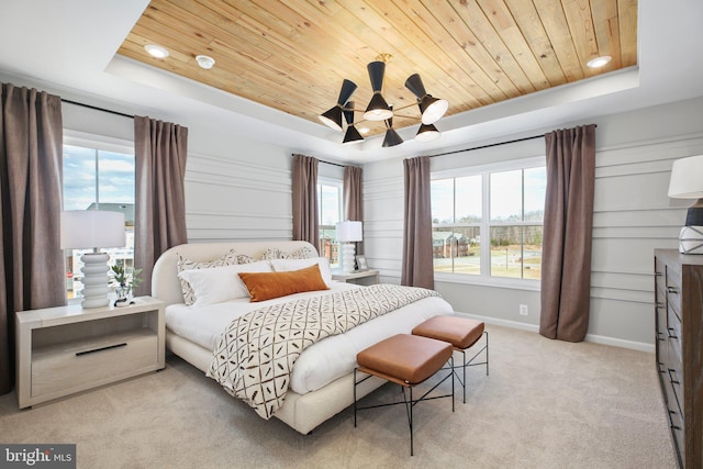 bedroom with wood ceiling and a tray ceiling