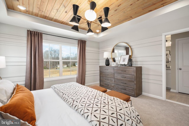 bedroom with wooden ceiling, carpet flooring, a raised ceiling, baseboards, and recessed lighting