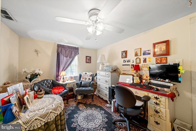 home office featuring a ceiling fan and visible vents