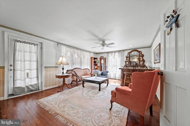 42 S Locust Ave, Marlton, NJ 08053 - living room featuring hardwood / wood-style flooring, a ceiling fan, a wainscoted wall, and crown molding