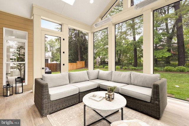 7521 Westfield Dr, Bethesda, MD 20817 - sunroom featuring an outdoor living space, wood finished floors, and high vaulted ceiling