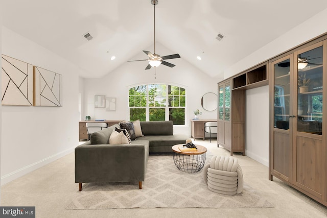 7521 Westfield Dr, Bethesda, MD 20817 - living area with recessed lighting, light colored carpet, ceiling fan, baseboards, and high vaulted ceiling