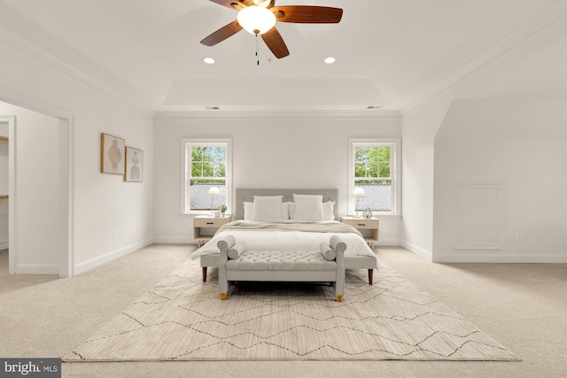 7521 Westfield Dr, Bethesda, MD 20817 - bedroom with light colored carpet, multiple windows, ornamental molding, a tray ceiling, and recessed lighting