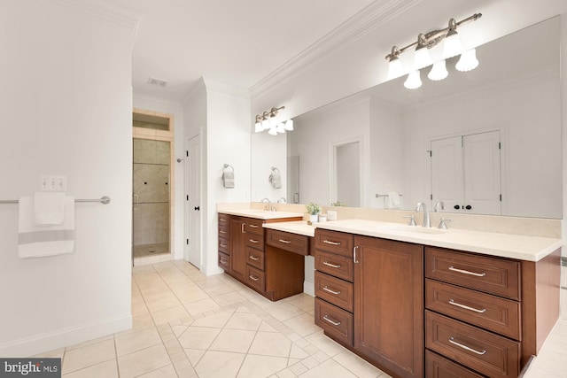 7521 Westfield Dr, Bethesda, MD 20817 - full bathroom featuring tile patterned floors, crown molding, a shower stall, vanity, and baseboards