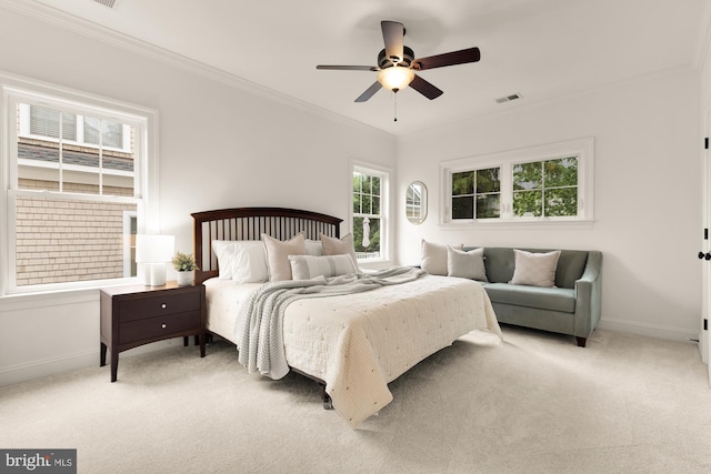7521 Westfield Dr, Bethesda, MD 20817 - bedroom with light carpet, baseboards, ornamental molding, and a ceiling fan