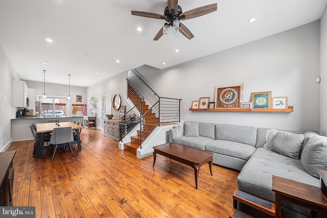 2650 E Huntingdon St, Philadelphia, PA 19125 - living room featuring recessed lighting, stairway, hardwood / wood-style flooring, and a ceiling fan