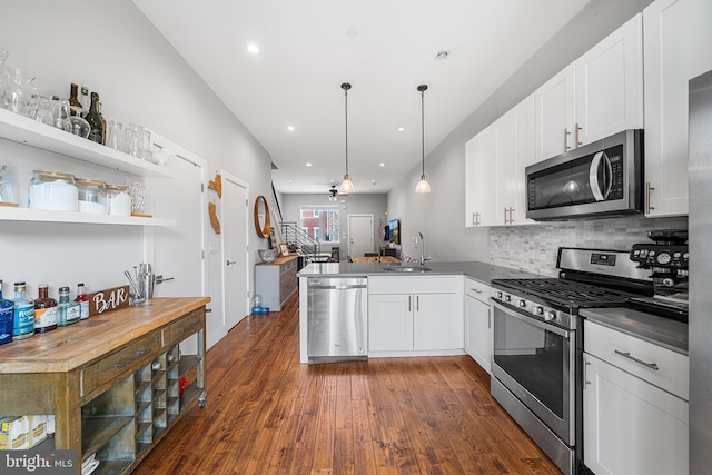 2650 E Huntingdon St, Philadelphia, PA 19125 - kitchen featuring tasteful backsplash, white cabinets, a peninsula, dark wood-style floors, and stainless steel appliances