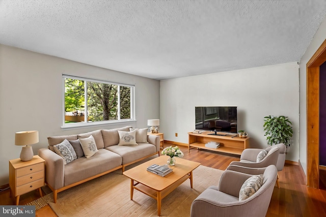 living area featuring wood finished floors, a textured ceiling, and baseboards