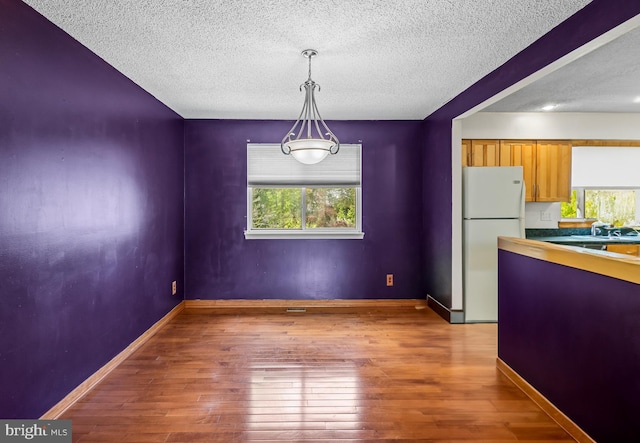 kitchen featuring freestanding refrigerator, plenty of natural light, hardwood / wood-style floors, and a textured ceiling