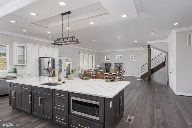 1032 Terrace Gln, Baltimore, MD 21210 - kitchen with appliances with stainless steel finishes, a sink, white cabinetry, a raised ceiling, and dark cabinets