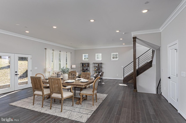 1032 Terrace Gln, Baltimore, MD 21210 - dining area featuring stairs, wood finished floors, ornamental molding, recessed lighting, and french doors