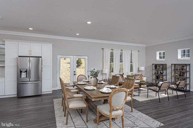 1032 Terrace Gln, Baltimore, MD 21210 - dining room with french doors, dark wood finished floors, ornamental molding, recessed lighting, and baseboards