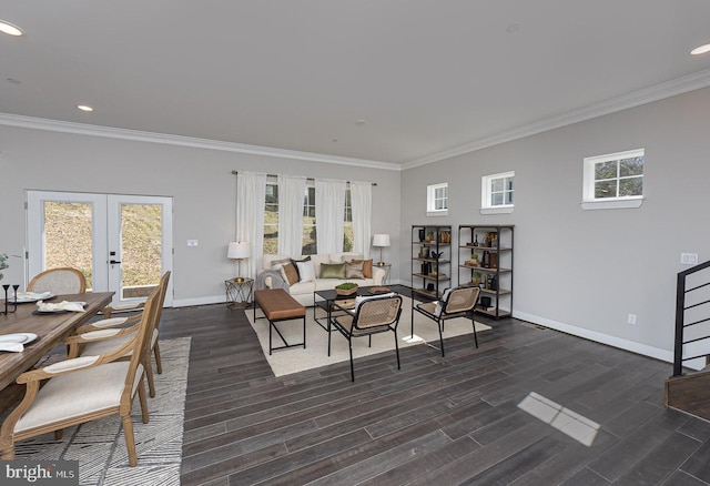 1032 Terrace Gln, Baltimore, MD 21210 - living area featuring baseboards, french doors, crown molding, recessed lighting, and dark wood-style flooring