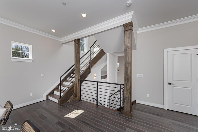 1032 Terrace Gln, Baltimore, MD 21210 - stairs with crown molding, baseboards, wood finished floors, recessed lighting, and decorative columns