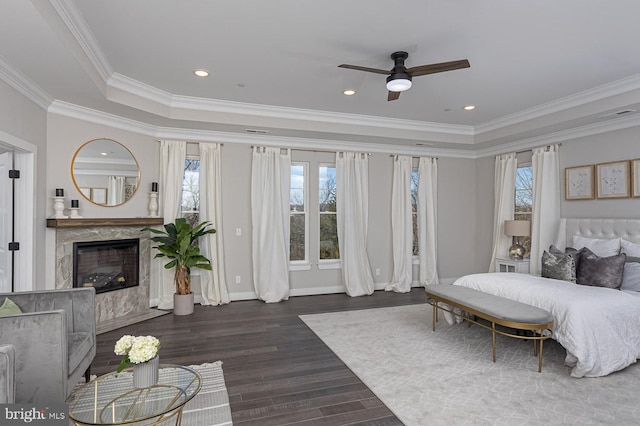 1032 Terrace Gln, Baltimore, MD 21210 - bedroom with wood finished floors, ornamental molding, a raised ceiling, a premium fireplace, and baseboards