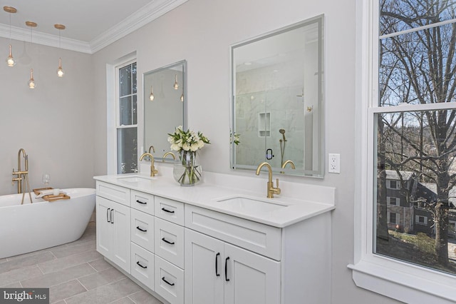 1032 Terrace Gln, Baltimore, MD 21210 - full bath featuring double vanity, a soaking tub, a stall shower, crown molding, and tile patterned floors