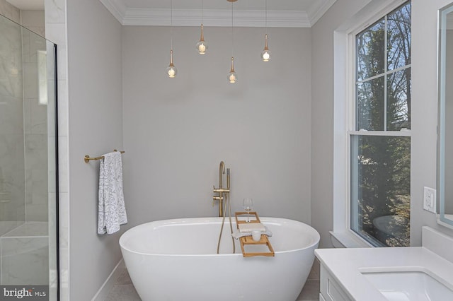 1032 Terrace Gln, Baltimore, MD 21210 - bathroom featuring crown molding, a soaking tub, baseboards, vanity, and tiled shower