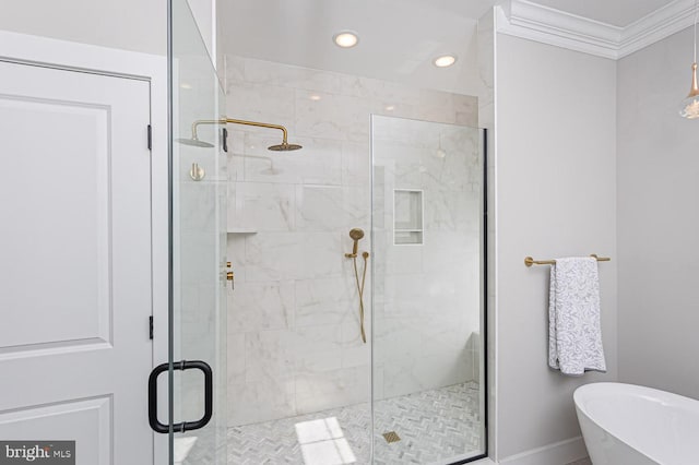 1032 Terrace Gln, Baltimore, MD 21210 - bathroom featuring a shower stall, a freestanding bath, recessed lighting, ornamental molding, and baseboards