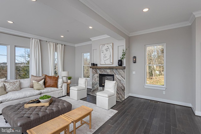 1032 Terrace Gln, Baltimore, MD 21210 - living area featuring baseboards, healthy amount of natural light, a premium fireplace, recessed lighting, and crown molding