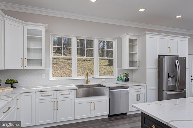 1032 Terrace Gln, Baltimore, MD 21210 - kitchen with appliances with stainless steel finishes, a sink, white cabinets, ornamental molding, and recessed lighting